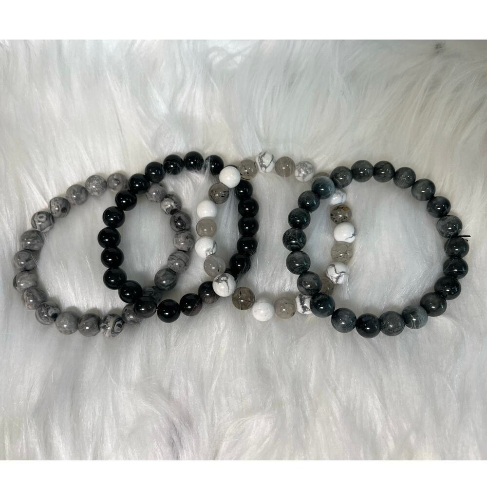 Black & White Crystal Bracelet Stack- Jasper, Obsidian & Black Tourmaline + more